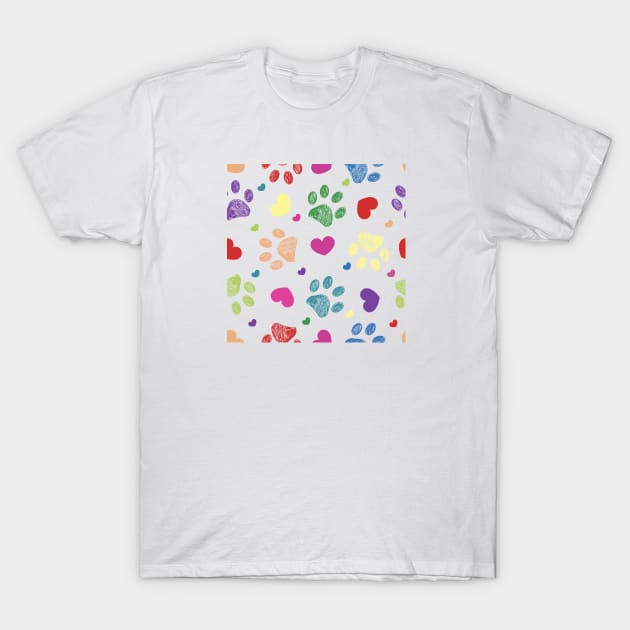 Colorful paw prints with hearts T-Shirt by GULSENGUNEL